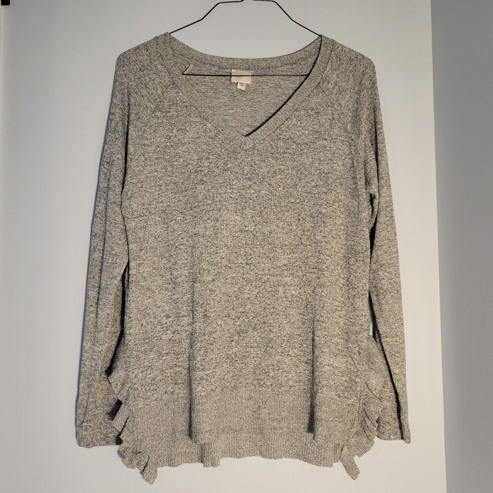 Anthropologie Postmark Medium Stop Ruffled Slit Hem Pullover Knit Tunic Top Gray